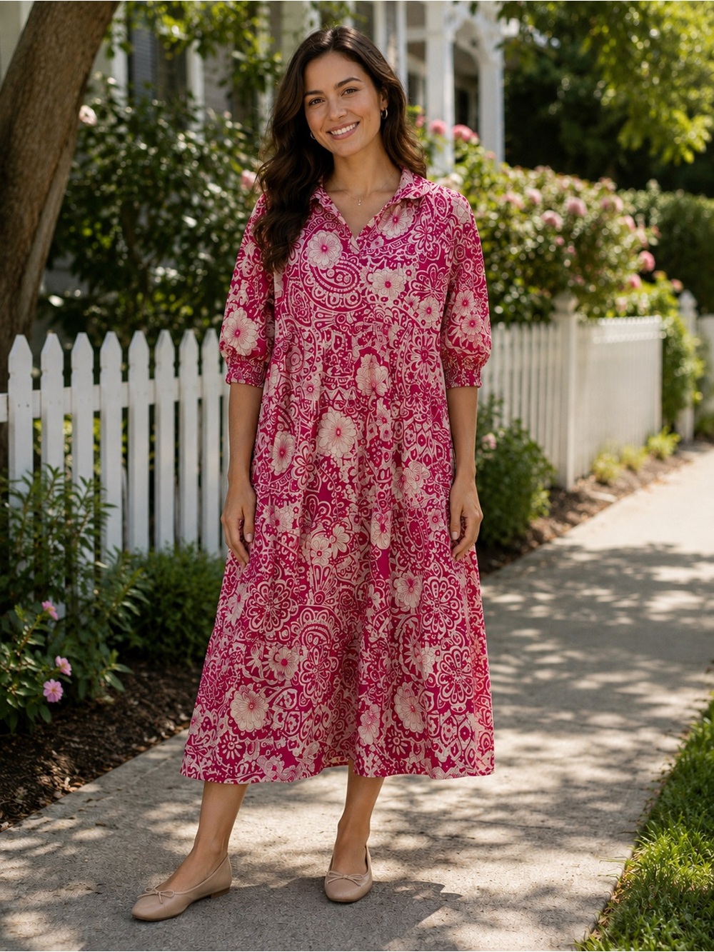 Umgee Pink Floral Maxi Dress with Tiered Skirt